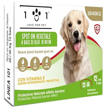 Spot on Naturale Cani Taglia Media e Grande - 12 Fiale da 1ml - Contro Parassiti, Pulci, Zecche, Zanzare, Pidocchi – Facile Applicazione – Lunga Durata – Protezione Naturale e Vegetale – Linea 101