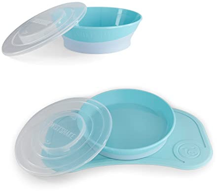 Twistshake Babygeschirr-Set Mini + Schüssel | Baby-Saugnapfplatte + Baby-Tischset (31 x 17 cm) + Schüssel | BPA-frei | Essenstrainingsteller | Blau
