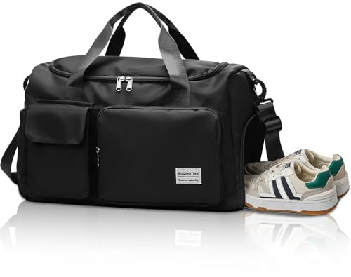 Reisetasche, faltbar, Turnbeutel, Wochenendtaschen für Damen und Herren, leichte Krankenhaustasche mit Nass- und Trocken-Trenntasche, große Reisetasche, Kabinentasche für Sport und Reisen – Schwarz,
