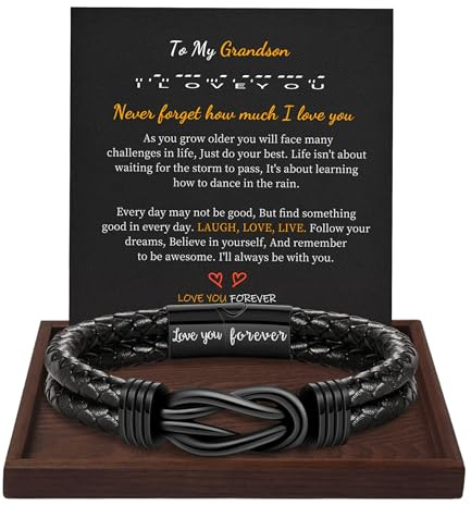 Btysun Grandson Bracelet,Valentines Day Gifts for Teens Mens Leather Bracelet Grandson Gifts from Grandma Cool Infinity Knot Black Birthday Christmas Stocking Stuffers Jewelry