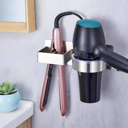 XILIMEN Wall Mounted Hair Dryer and Straightener Holder - Stainless Steel Self Adhesive Styling Care Tools Organizer for Bathroom