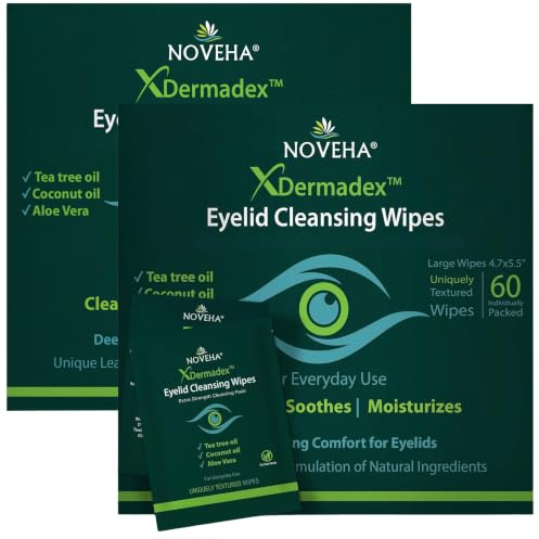 NOVEHA Eyelid Wipes with Tea Tree Oil 120 PCs | Eye Cleansing Wipes for Lids, Lashes & Sensitive Skin | Refreshing Daily Eye Area Care | Box of 60 Individually Wrapped - 2 Pack
