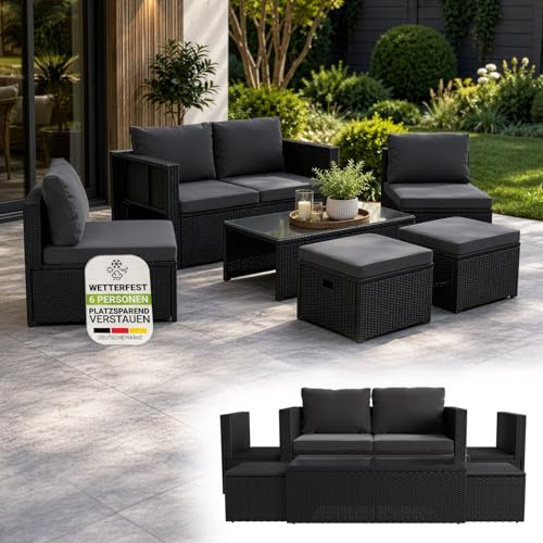 Juskys set di mobili da giardino Salou in polyrattan - Salotto resistente alle intemperie per 6 persone - Con tavolo e cuscini - Per ambienti esterni come giardino, balcone, terrazza - Nero