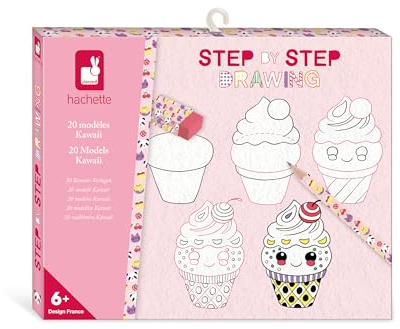 Janod - Step by Step Drawing - Zeichnen lernen - 20 Kawaii-Modelle - Zeichenset für Kinder - Zeichen- und Konzentrationsförderung – Ab 6 Jahren – J09156