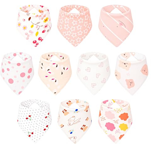 DMSELL 10 Pack Baby Bandana Dribble Bibs for Girls, Drool Bibs with Adjustable Snaps,100% Cotton Drool Bibs for Girls 0-36 Months Newborn and Toddlers