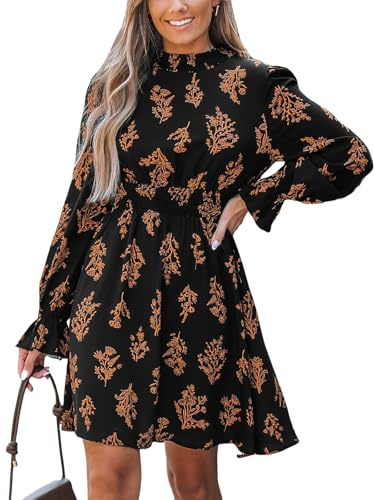 CUPSHE Women's Mock Neck Floral Mini Fall Dress Long Ruffle Sleeve Elastic Waist Smocked Casual Flowying Mini Dresses Black Floral, M