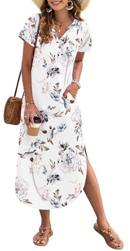 AUSELILY Women's Summer Casual Dress with Pockets V Neck White Flowers XXL
