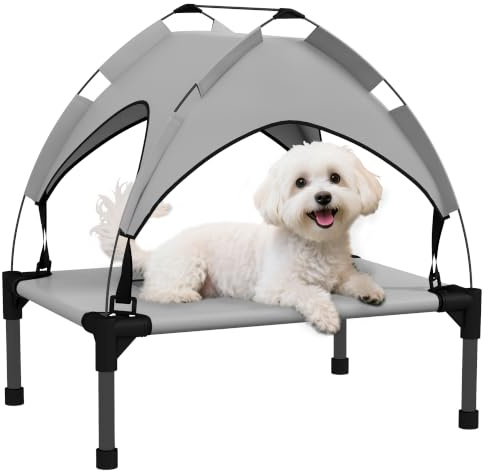 PawHut Lit Chien surélevé, lit de Camp pour Chien, Velum en Taffetas, Tissu textilène Micro-perforé + Sac de Transport Inclus, Facile à Assembler, 61 x 46 x 63 cm, Gris | Transat Auvent pour Chien, Chihuahua,Tissu Textilène Micro-Perforé, Sac de Transport, Facile à Assembler