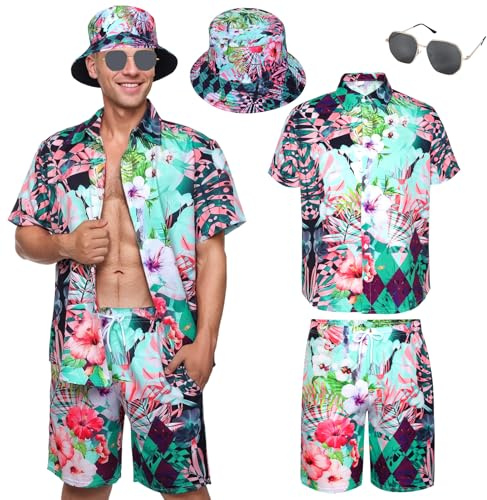 Raveparty Chemise hawaïenne pour homme, costume hawaïen, chapeau, t-shirt d'été et short, lunettes de soleil, chemise de plage, manches courtes, décontracté, Style D., XL