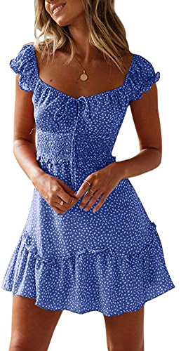 Cicy Bell Women's Summer Dress Ruffle Sleeve Minidress with Sweetheart Neckline Sexy Short Sleeve Beach Dresses Blue,S