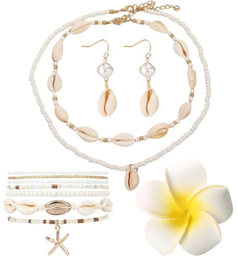 Snyvpra Summer Must Haves, Beach, Romantische Strandperlen Deko Set, 4-Teiliges Pearl Schmuck Set Für Hochzeiten Und Partys, Muschel Halskette Armband Set Mit Boho Choker Kette Damen Böhmischer Stil