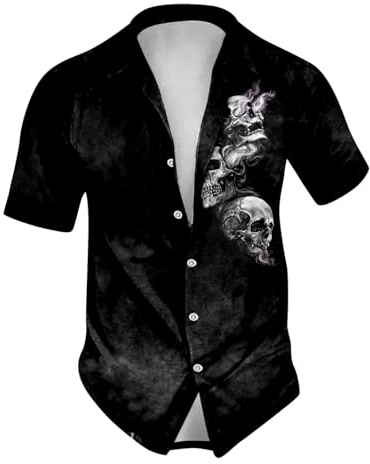 RUMAOZIA Chemise pour homme - Motif tête de mort - Costume d'Halloween - Imprimé tête de mort - Manches courtes - Décontracté - Boutonné - Chemise festive - Chemise d'été - Chemise de sport hawaïenne
