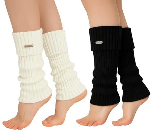 2 Pairs Leg Warmers for Women, Ribbed Knit Leg Warmers 80s Style, Black and White Leg Warmers for Ballet Dance Ice Skating Yoga, 40cm Length with Metal Accents