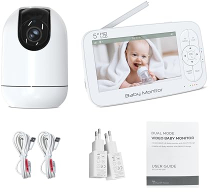 Monitor para Bebés WiFi con Aplicación, 5 Pulgadas 720P HD Alcance de 300 M 5000 MAh 33 Horas Monitor para Bebés con Zoom 4X con Seguimiento y Alertas Audio Bidireccional (Enchufe de la UE)