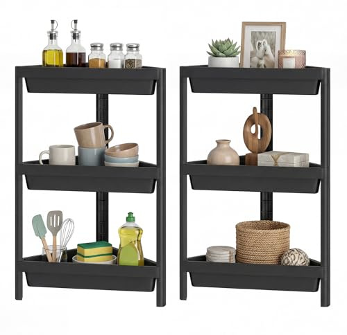 KOMFOTTEU Juego 2 Estanterías Esquineros de 3 Niveles de Plástico (Negro) | Organizador de Baño con Orificios de Drenaje, Estante de Ducha Independiente para Cocina, Sala de Estar