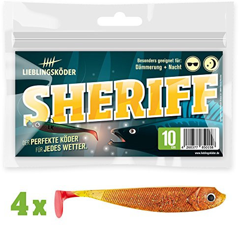 4 Lieblingsköder Gummifische zum Zanderangeln mit Gummifisch 10 cm, Farbe Lieblingsköder:Sheriff