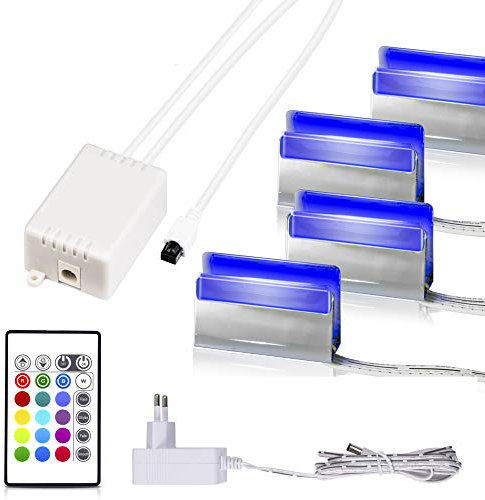 DREETINO LED Glasbodenbeleuchtung, Vitrinenbeleuchtung 4er Set Glaskantenbeleuchtung Clip RGB Farbwechsel Schrankbeleuchtung, Möbelbeleuchtung Vitrine Beleuchtung