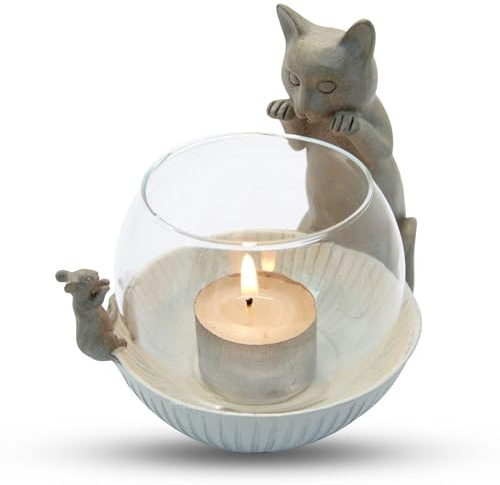 Purrfect Cat Gifts - Cat & Mouse Glass & Resin Round Tea Light Holder - Ideal for Indoor or Outdoor Use - Unique Tealight Candle Ornament - Exquisite Craftsmanship - Size 12x11cm