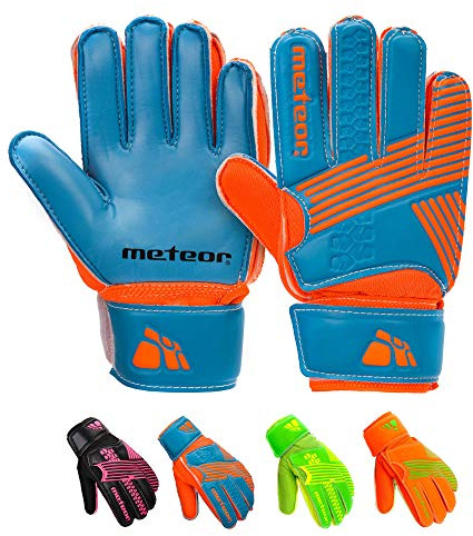 meteor Gants de Gardien de But pour Les Jeunes Adultes Junior Enfants Garçons Gardien de But Fort Grip Finger Spines Protection Prevent Blessures Relief Football Match Top (#7, Bleu)
