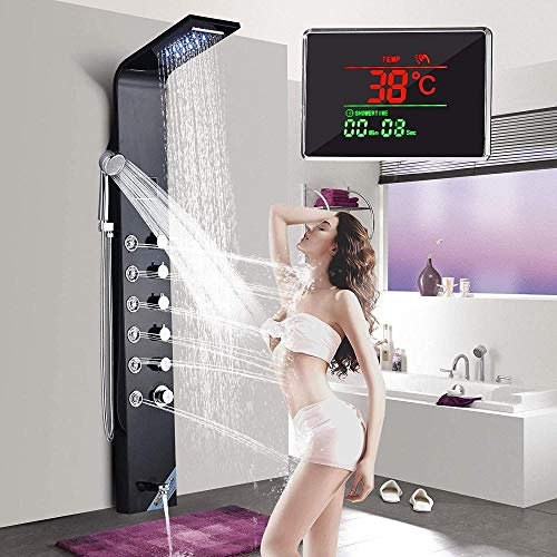 Wieoc Panneau de douche LED Pommeau de douche Pluie et cascade Douche Jets de massage Pulvérisateur à main Sortie de bain Affichage de la température 6 poignées Robinet de douche noir