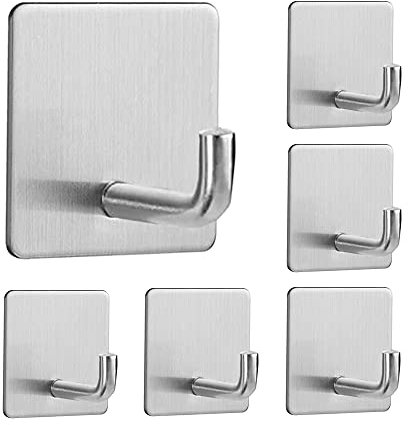 6 Packs Self Adhesive Hooks, Stainless Steel Heavy Duty Towel Wall Sticky Hooks for Bathrooms Kitchen Lavatory Closet - Silver
