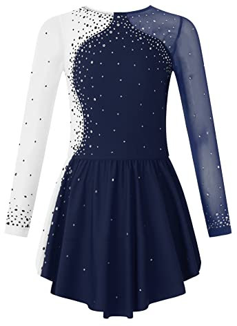 CHICTRY Kürkleider Eiskunstlauf Kinder Mädchen Strass Glitzer Rollschuhkleid Langarm Tanzbody Farbblock Patchwork Trikot Mit Wickelrock Dancewear Navy Blau 146-152