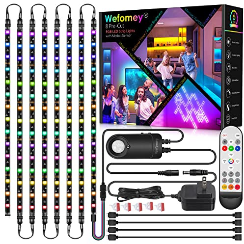 8 PCS RGB Under Cabinet Lighting Kit, 12v Motion Sensor LED Light Strip with Remote, ETL Listed Power Adapter, Music Sync Color Changing Led Lights for Shelves, Cabinet, Counter, Bookcase, 13ft