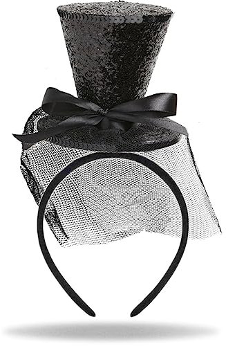 Hatstar Glitzer Mini-Zylinder Haarreif in schwarz, Haarschmuck mit Partyhut, Schleife und Schleier in Einheitsgröße, Kostüm Accessoire für Halloween, Karneval & Fasching