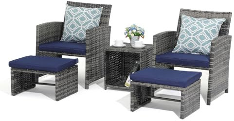 OC Orange-Casual 5-TLG Rattan Balkonmöbel-Set, PE-Rattan Gartenmöbel-Set, 2 Gartensessel mit Beistelltisch&Hocker, Gartensitzgruppe inkl. Sitzkissen&Rückenkissen, Bistroset für Garten Indoor Balkon