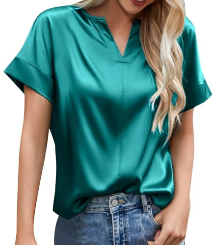 rtdgcv Camicia in raso da donna, elegante, a maniche corte, basic, tinta unita, con scollo a V, maglietta estiva da donna, a maniche corte, estiva, elegante a maniche corte, Celeste., XL