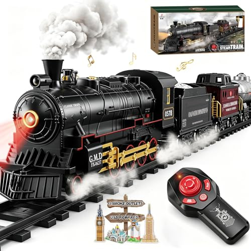 Electric Remote Control Train Set Christmas Trains Steam Locomotive, Cargo Car & Tracks, Train Toys for Kids w/3 Smoke,Whistle & Lights, Christmas Birthday Gift for Boys Girls 3 4 5 6 7