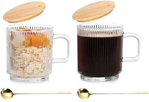 Anhow 2 Pezzi Tazze Cappuccino, Tazze colazione con Coperchio e Cucchiaio Tazza Caffè Vetro per Latte, Caffè, Avena, Yogurt, Fiocchi D'avena - 350 ml, Trasparente