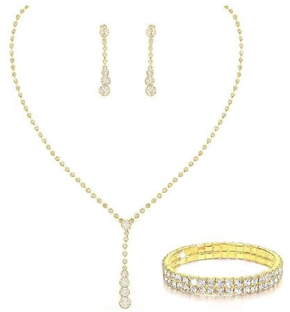 HSAJS 3 Stück Schmucksets für Damen Kette Ohrringe Armbänder Mode Brautschmuck Hypoallergener Schmuck Set Geschenke zum Jahrestag (Gold)