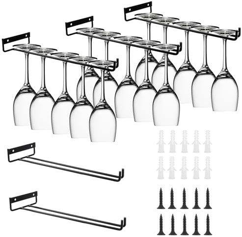 YAYODS Lot de 5 Porte-Verres à Pied Suspendu 30 cm - Support Verre de Vin en Métal Noir avec Vis - Rangement Sous Placard pour Cuisine, Bar, Restaurant et Cave à Vin