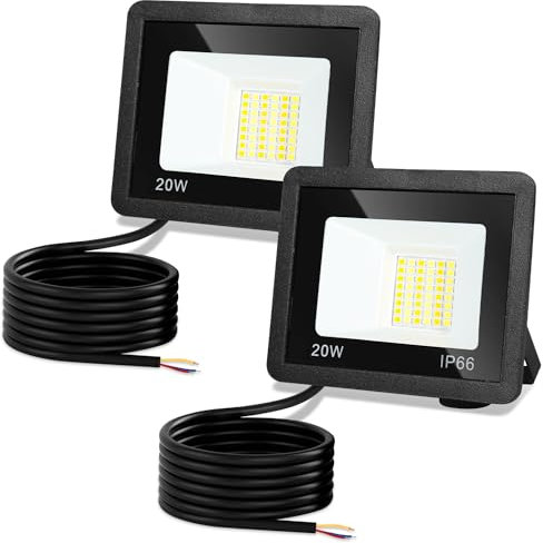 Jiubiaz LED Strahler Außen 20W, 3000K/4000K/6500K Dimmbar, Superhell Fluter Flutlichtstrahler, IP66 Wasserdicht Scheinwerfer Aussenstrahler für Hof, Garten, Garage (2 Stück)