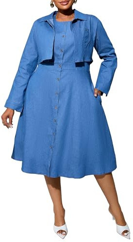 VERWIN Vestido de mezclilla de dos piezas de talla grande con chaquetas, vestido midi con botones para fiesta, manga larga, vestido camisero, Azul, 4XL Extra amplio