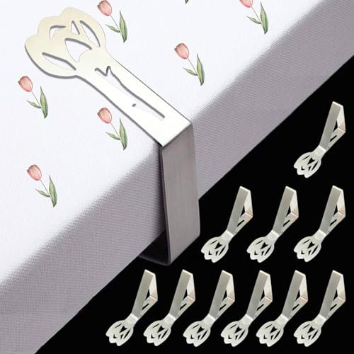 CUNGLIN Tablecloth Clips 10 Pack, Tulip Shape Picnic Table Cloth Holder Clip for Outdoor Thick Tables Heavy Duty Stainless Steel Decorative Cover Clamp Pin for Outside Party Wedding RV Accessories