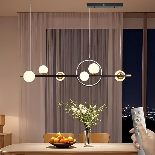 JHYPVII Lampada a Sospensione LED Dimmerabile 120 cm, Lampadario a Sospensione Cucina Moderna con Telecomando, Lampadario Nero Tavolo da Pranzo con Sfere Coperchio Della Lampada, per Bar Uffici, 66 W
