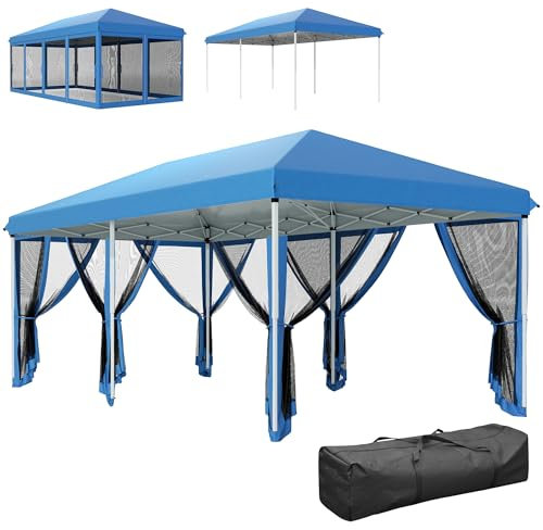 Outsunny Carpa desplegable de 3 x 6 m, Refugio al Aire Libre, Carpa para Fiestas, Bodas, con 6 Paredes de Malla y Bolsa de Transporte, Color Azul