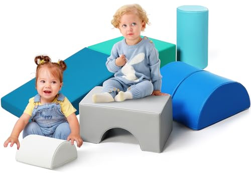 JungleDove Blocchi per Bambini in Schiuma Set: 6 Pezzi Pelle PU Set da Gioco Blocchi Morbidi per Bambini - Arco Ellittico Percorso a Ostacoli per Infanzia per Soggiorno Cameretta e Asilo Nido