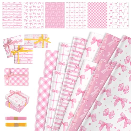 12 stycken (50 × 70 cm) presentpapper rosa med 2 band, askpapper flicka med vacker rosett för mors dag, presentpapper flickor barn födelsedag för alla tillfällen (rosa)
