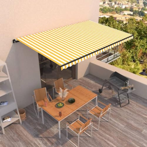 Tenda da sole a braccio articolato manuale, retrattile, 500 x 300 cm, giallo e bianco, per terrazze, balconi, esterni, montaggio richiesto