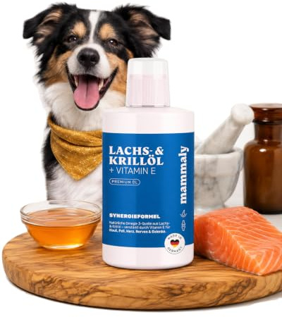 mammaly Lachsöl (95,9%) & Krillöl (4%) für Hunde 250ml - Premium Wildlachsöl - Omega 3, Vitamin E & Astaxanthin - Kaltgepresst - Glänzendes Fell & gesunde Haut - Fischöl Barf geeignet