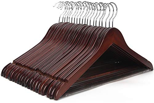 JS HANGER Wooden Coat Hangers, 20 Pack High Grade 17.5 Inch Wood Suit Hangers with Non Slip Pant Bar - Extra Smooth and Splinter Free Walnut Finish Wooden Suit Hangers for Closet Organization