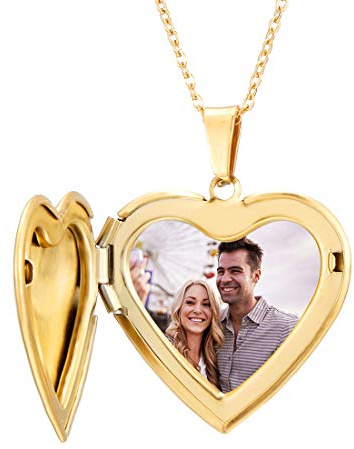 RWQIAN Personnalisé Photo Collier Femme Pendentif Médaillon,Coeur d'amour Poli Contient Images Dans Médaillons Polis en Acier Inoxydable Gravé Tout Texte Symboles Cadeaux Personnalisés Pour Les Filles