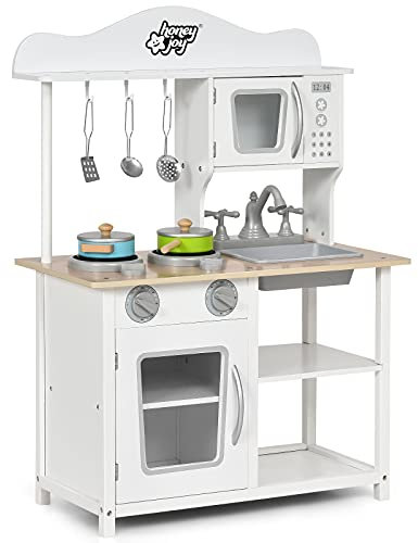 GIANTEX Imitation Küche für Kinder, 3 Jahre, Spielzeug Küche aus Holz mit Herd, Backofen, Mikrowelle und Spüle, verschiedene Accessoires, ideal als Party-Lerngeschenk, Weiß