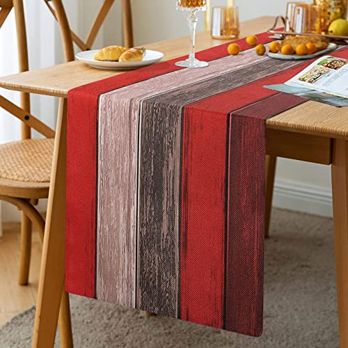 Hanrunsi Red Linen Table Runner 13 x 72 Inch Farmhouse Rustic Retro Barnwood Texture Christmas Table Runner for Dining Table Farmhouse Party Wedding Picnics Outdoor Kitchen Decoration