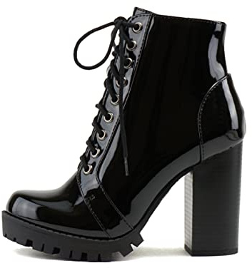 Soda Chalet – Fashion Lace up Military Inspired Ankle Boot with Stacked Heel and Side Zipper (Black Patent, 7.5)