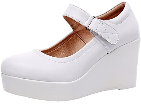 Jamron Mujer Plataforma Alta Zapatos Mary Jane con 8CM Cuña Gancho y Bucle Correa de Tobillo Zapatos de Cuero Blanco SN070281-2 EU38