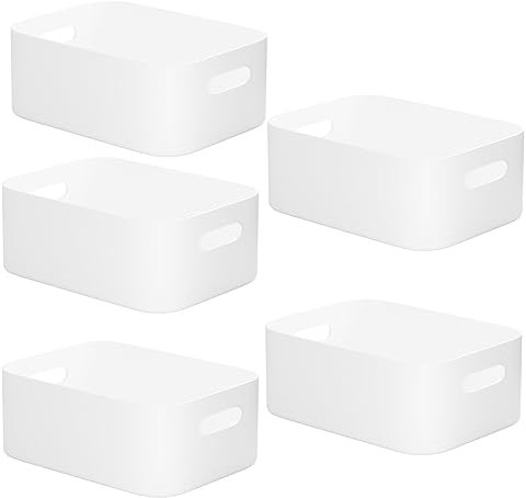 W&H 5 PCS White Plastic Storage Baskets with Handle, Medium Kitchen Cupboard Organiser Box, Storage Boxes for Shelves, Plastic Boxes for Bathroom, Kitchen, Office, School and Toy -25×17×10cm